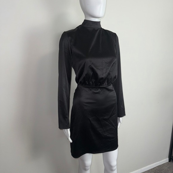 Commense Black Mini Dress Long Sleeve Mock Neck Tie Back Cocktail Bodycon M - Picture 15 of 17